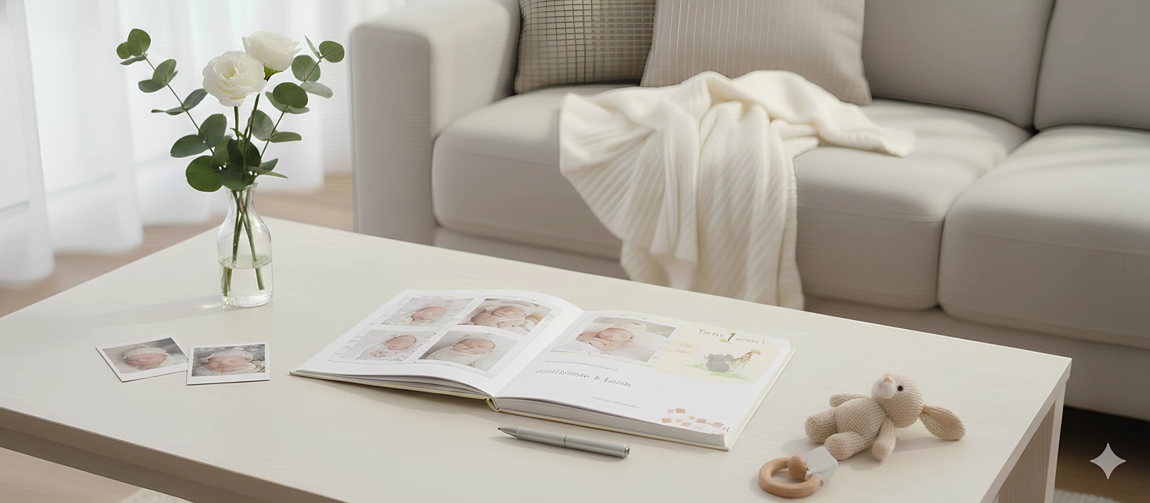 album photo bébé Antoinette & Louis présenté sur une table de salon et ouvert à la page 1 mois. L'album semble avoir commencé à être rempli