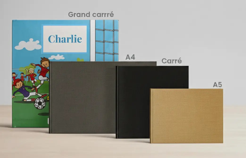 Vue comparative des tailles d'albums photo disponibles sur le marché. Album Antoinette & Louis présenté en tant que Grand Carré