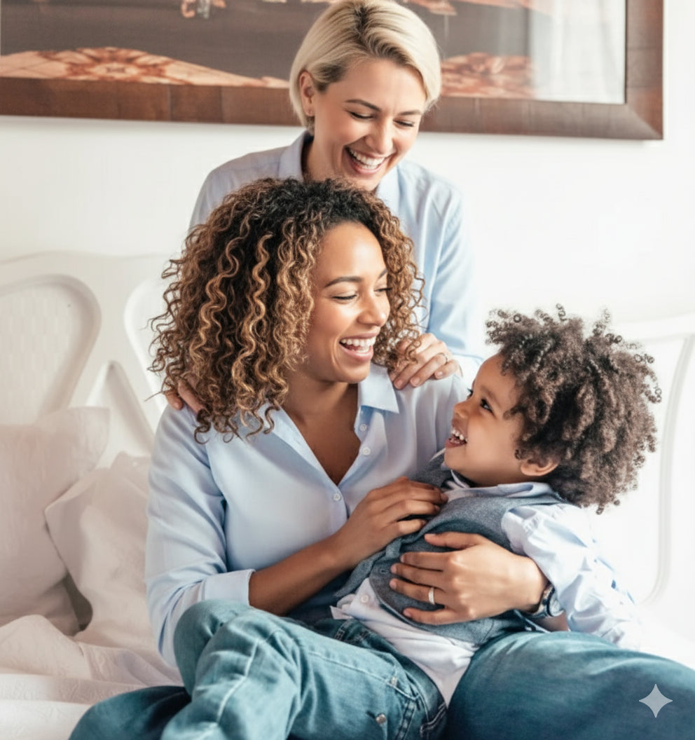famille avec deux mamans et petit garçon qui rigolent. Antoinette & Louis