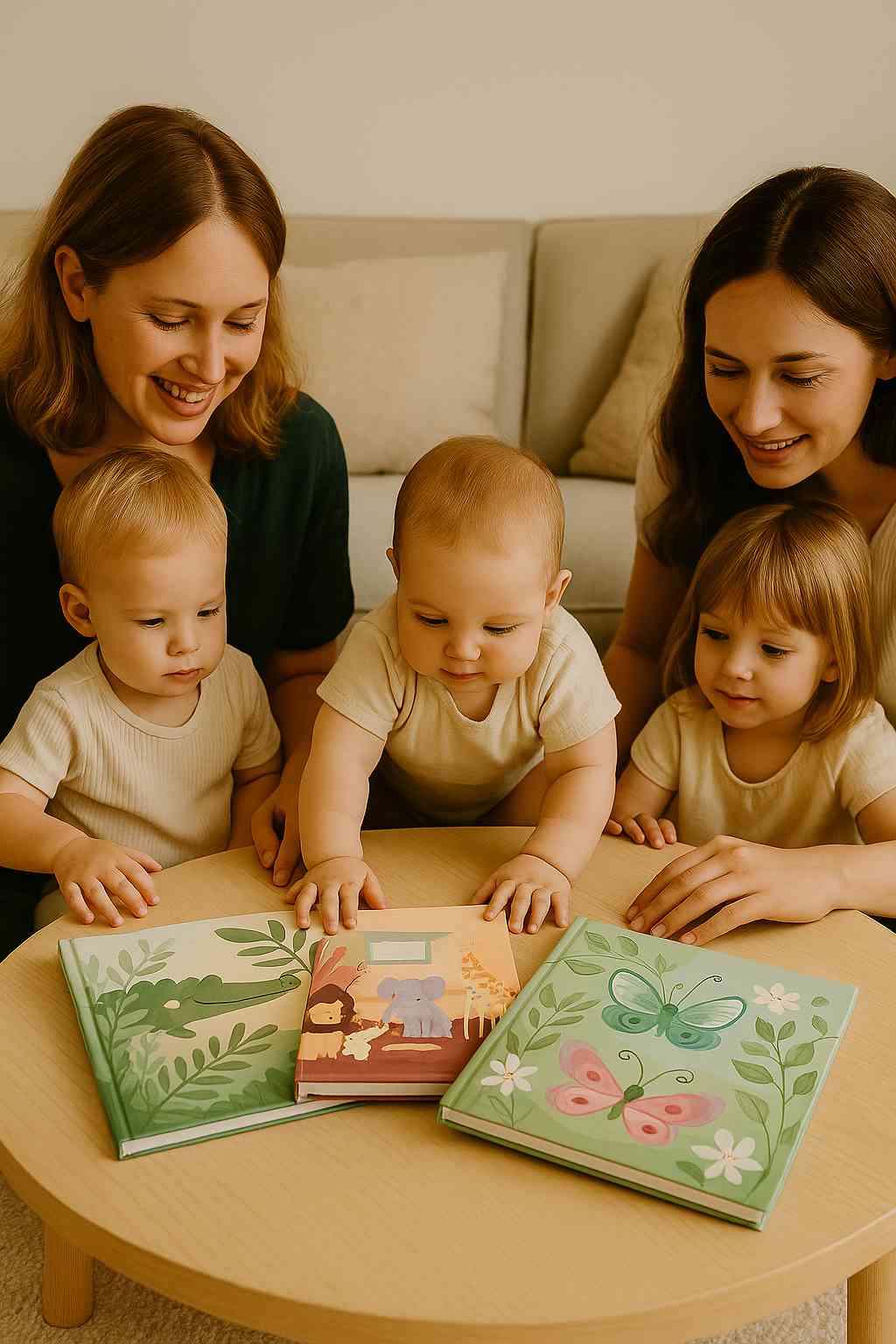 Trois jeunes enfants feuillettent des albums photo de naissance posés sur une table basse, entourés de deux mamans souriantes. Chaque album présente un univers illustré doux et poétique, inspiré de la jungle, du jardin et de la forêt. Ambiance familiale, cosy et naturelle.