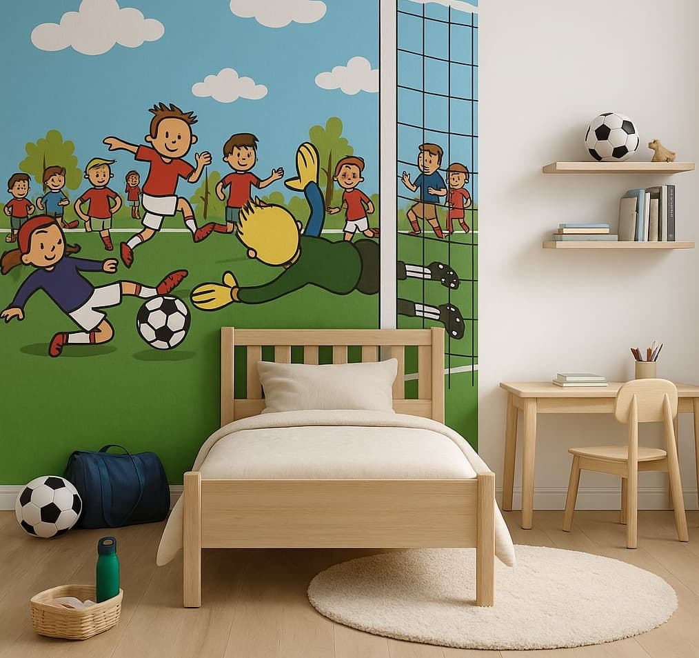 Papier peint mural enfant sur le thème du football, décor coloré avec joueurs et gardien, par Antoinette & Louis.