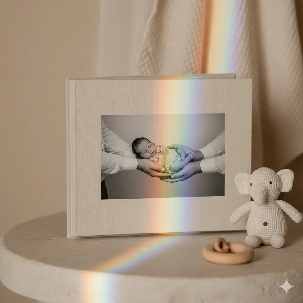 album photo de naissance avec sur la couverture un bébé tenu dans les mains de ses deux papas