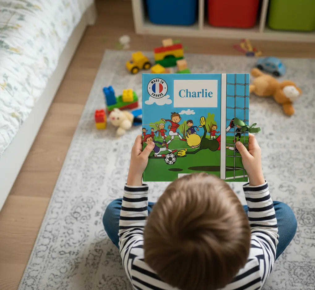 Petit garçon assis dans sa chambre et qui tient entre ses mains son album photo thème foot de la marque Antoinette & Louis. Le macaron "Album fabriqué en France" est lisible sur la couverture de l'album.
