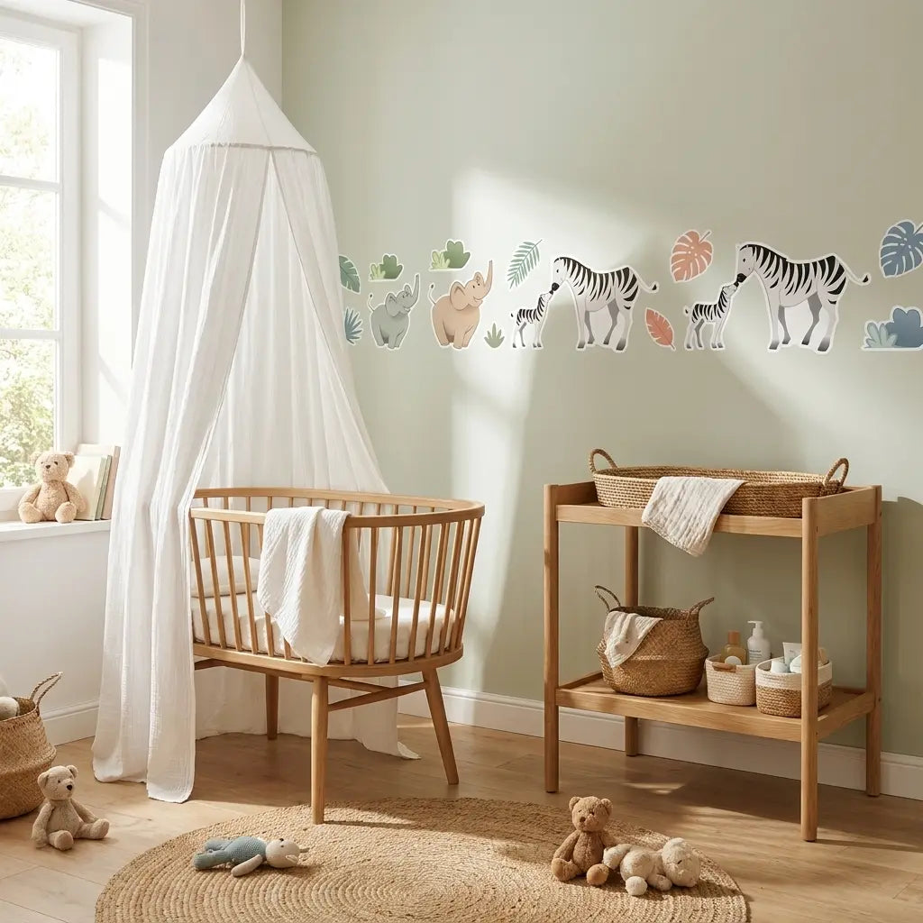 chambre de bébé douce et sensorielle avec stickers muraux jungle antoinette & louis