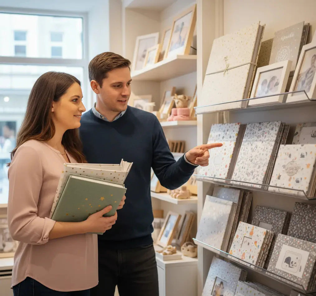 un couple est dans un magasin de papeterie en train de comparer différents types d'album photo de naissance - antoinette et louis