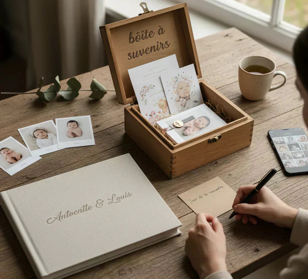 Boite à souvenirs ouverte avec des photos à l'intérieur, des cartes et petits souvenirs du bébé (bracelet de naissance)