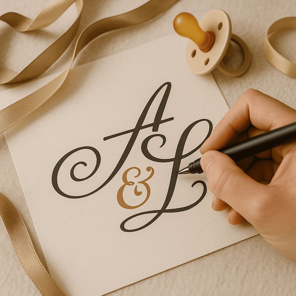 Logo Antoinette & Louis tracé à la main – ambiance artisanale avec ruban doré et tétine de bébé