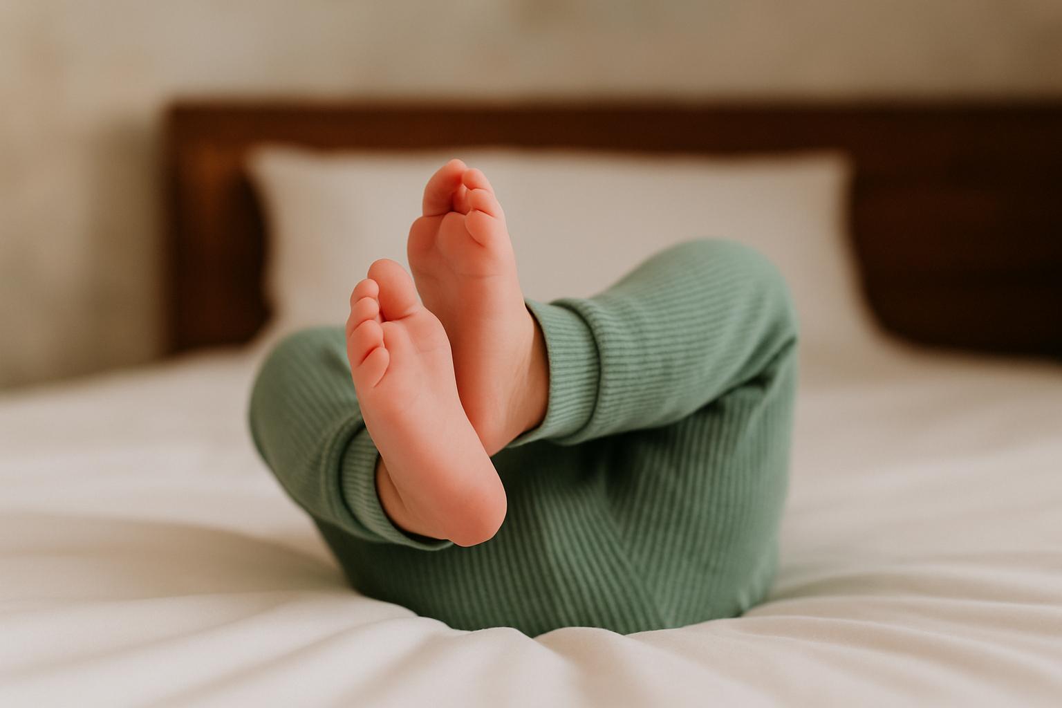 Pieds de bébé en pyjama vert posés sur un lit – univers tendre et doux d’Antoinette & Louis