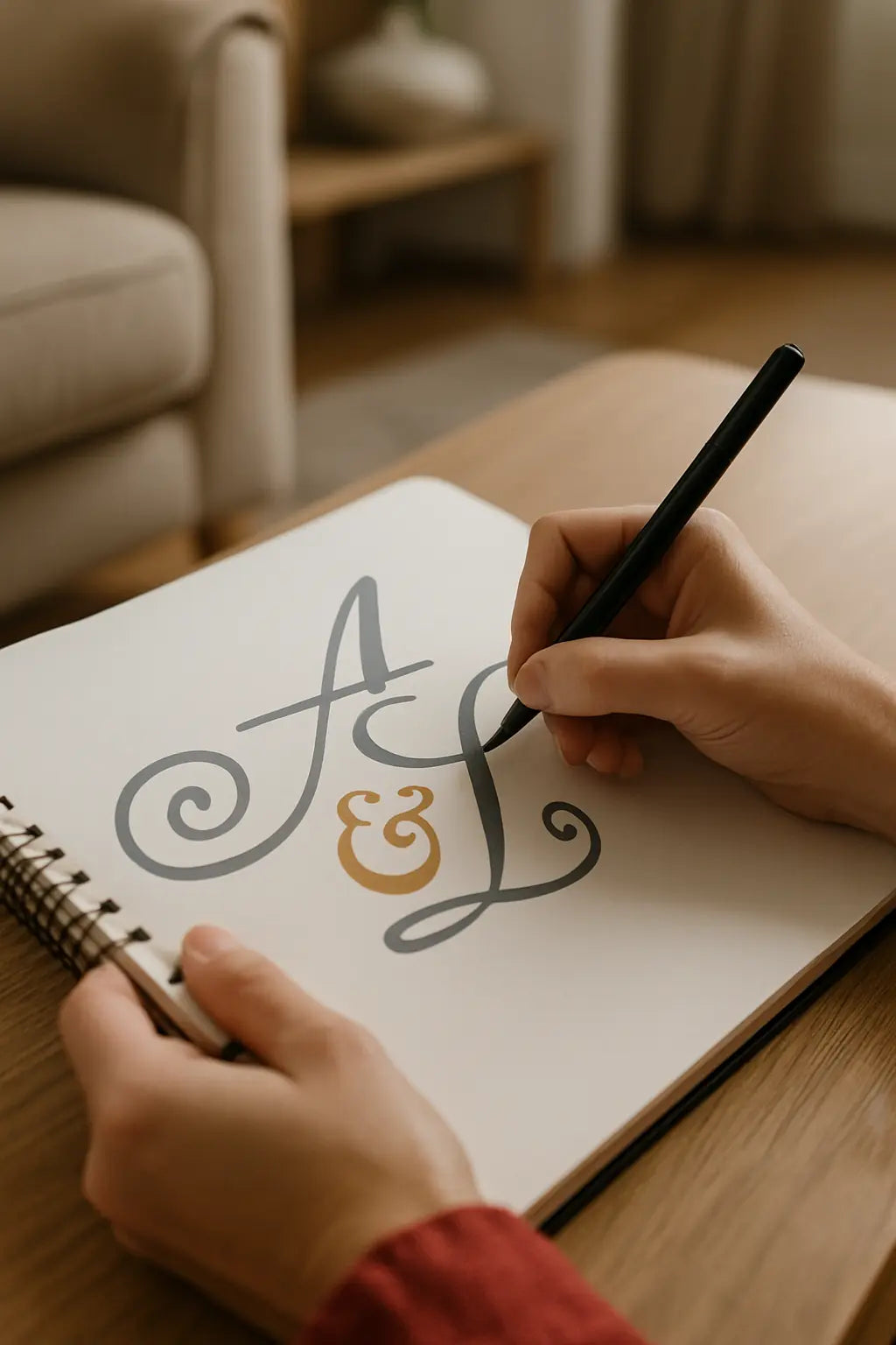 Image illustrant une personne qui est en train de dessiner les initiales Antoinette & Louis sur un carnet