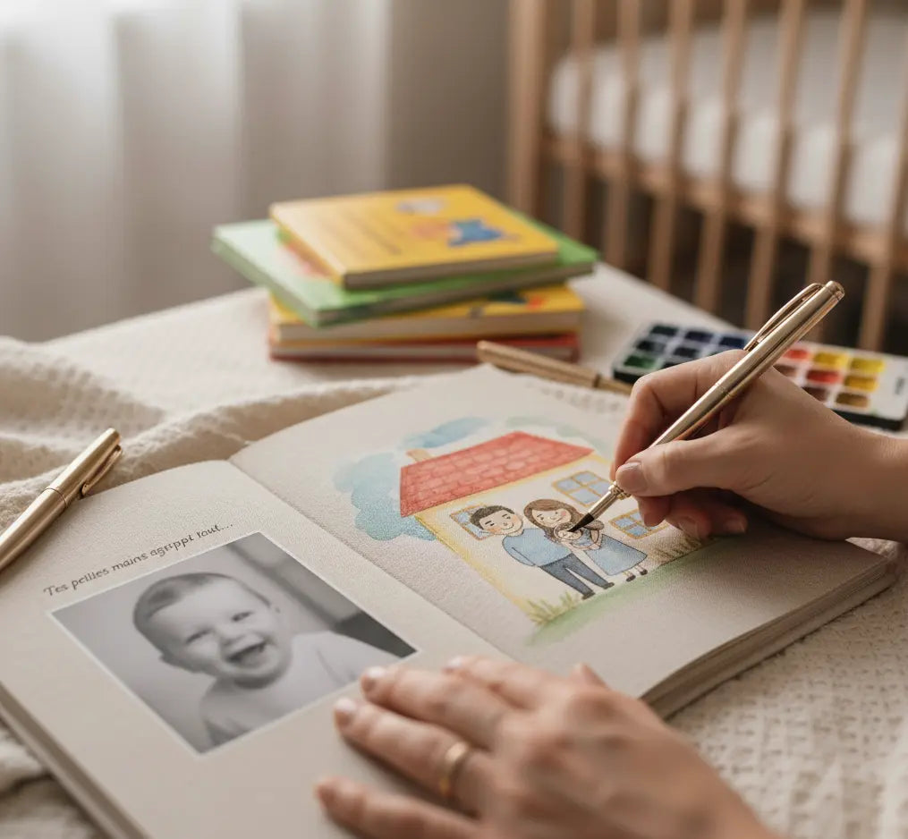 Maman qui peint une maison avec une famille sur l'album photo naissance Antoinette & Louis. Photo d'un petit bébé sur la page de gauche avec le texte "tes petites mains agrippent tout"