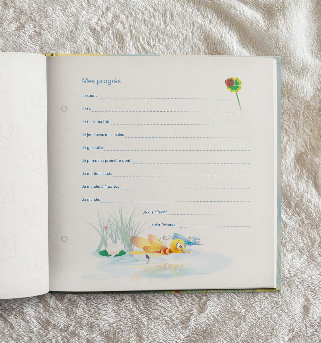 Page « Mes progrès » de l’album photo naissance thème papillons et libellules Antoinette &amp; Louis, avec illustration d’insectes colorés et zones pour écrire les souvenirs de bébé