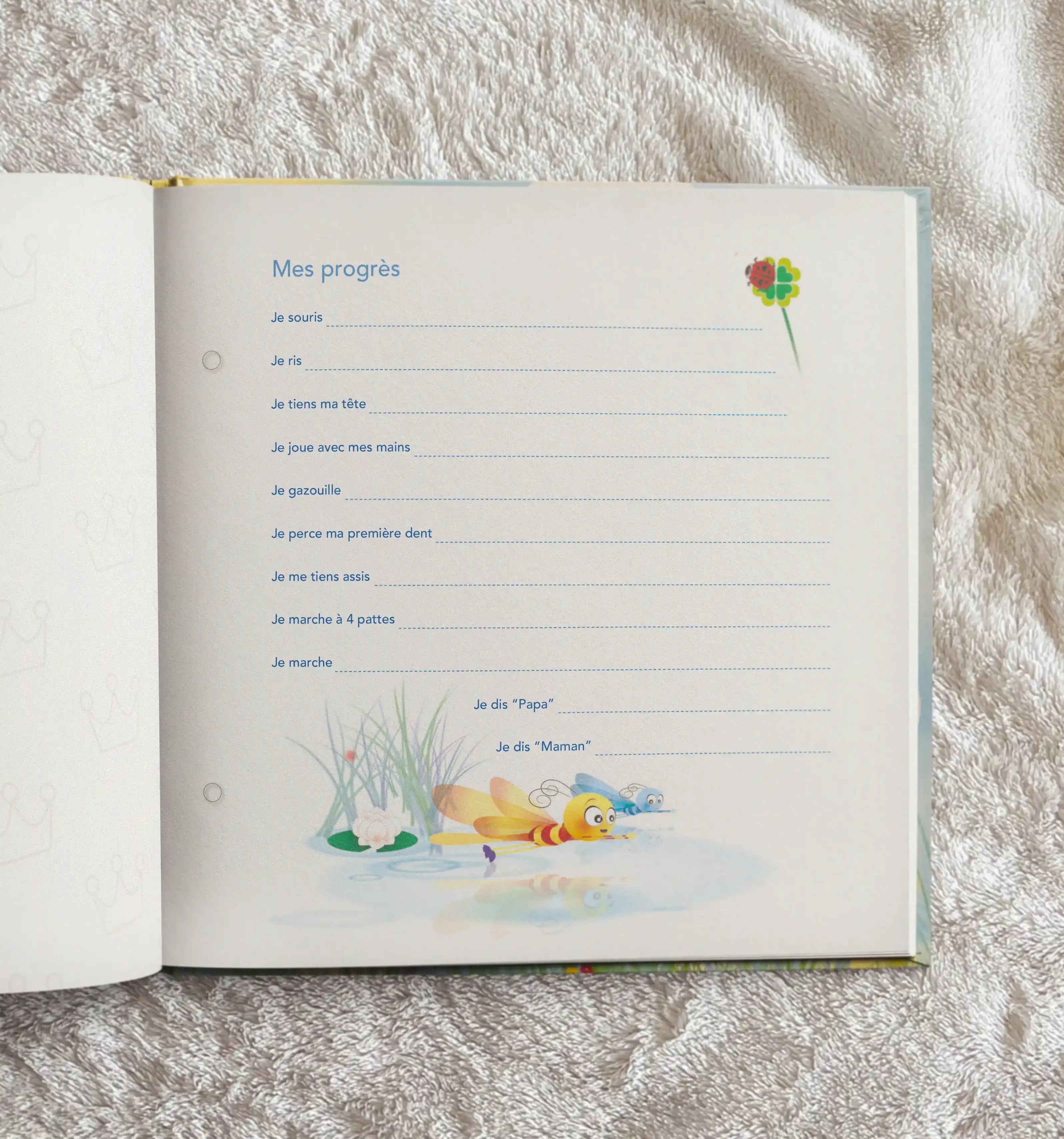 Page « Mes progrès » de l’album photo naissance thème papillons et libellules Antoinette &amp; Louis, avec illustration d’insectes colorés et zones pour écrire les souvenirs de bébé