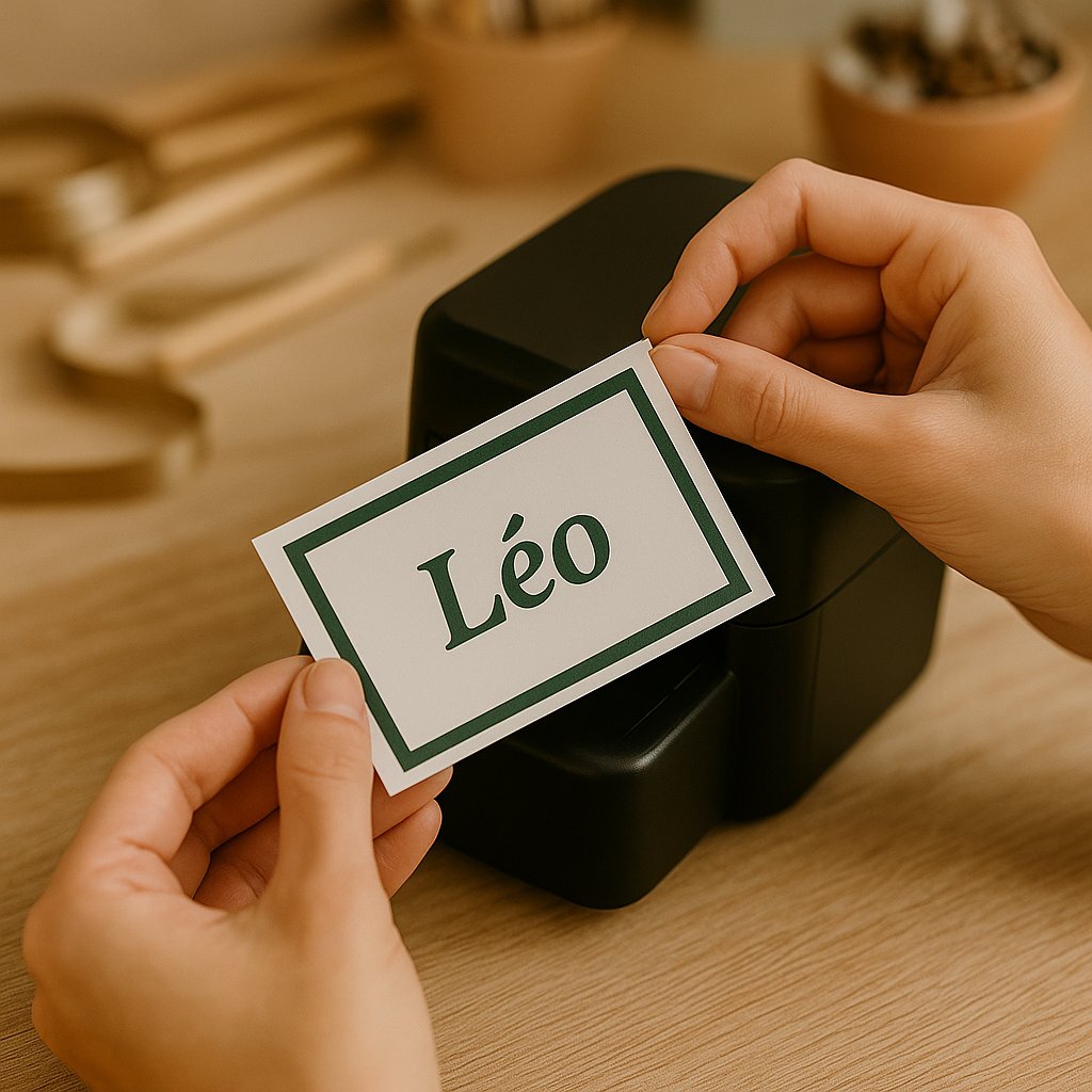 Main féminine récupérant une étiquette prénom "Léo" imprimée dans un atelier artisanal, pour personnalisation d’un album photo de naissance Antoinette & Louis