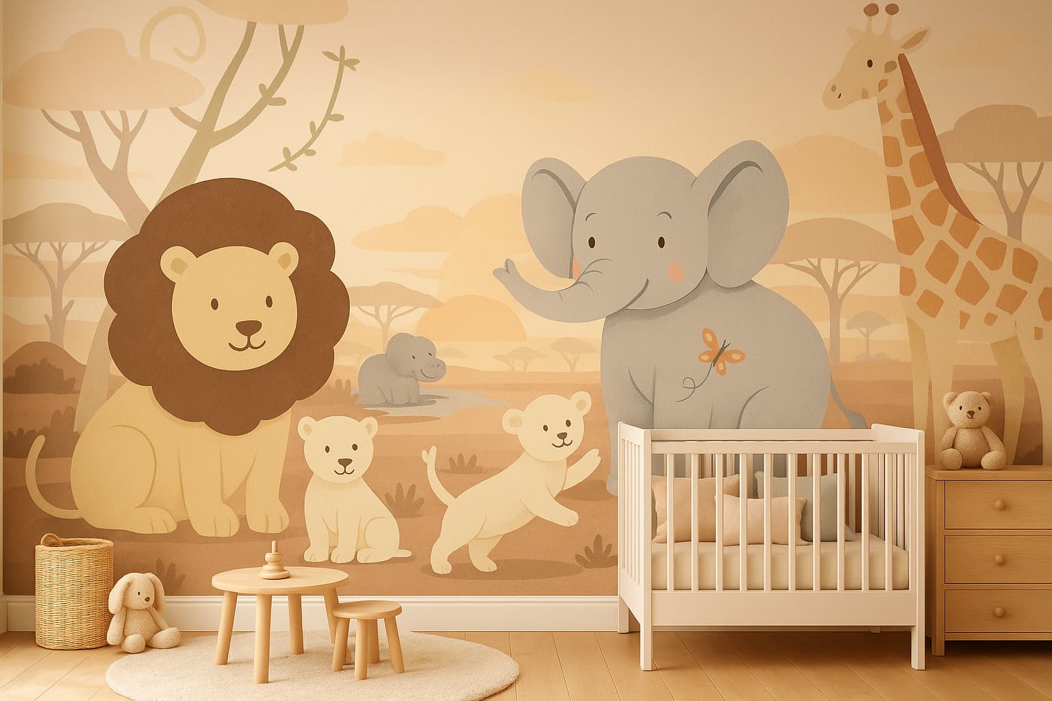 Papier peint panoramique pour chambre de bébé, illustrant des animaux de la savane avec lion, éléphant et girafe, par Antoinette & Louis.