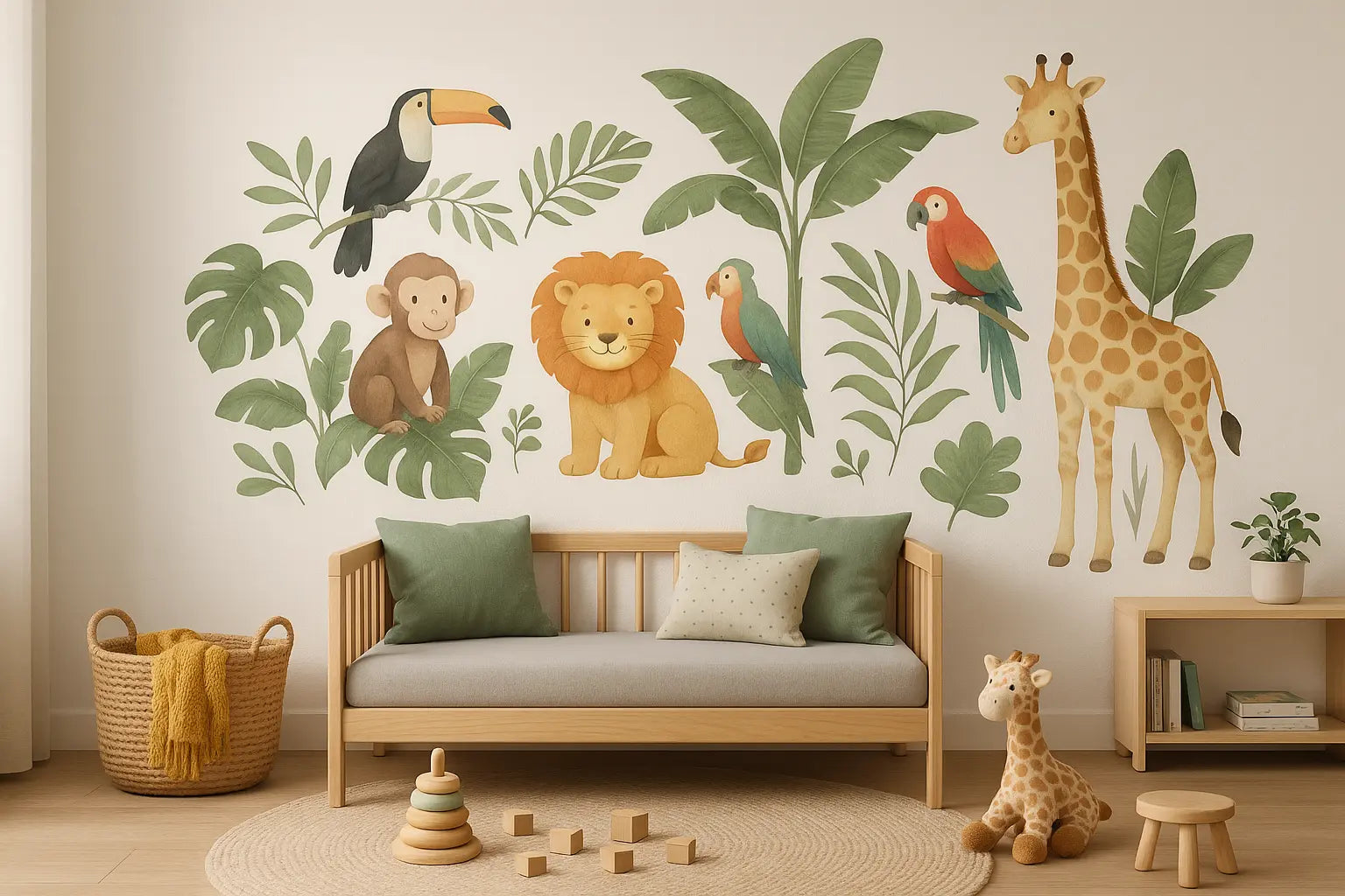 Stickers muraux jungle pour chambre de bébé avec lion, girafe, singe, perroquets et toucan – Antoinette & Louis